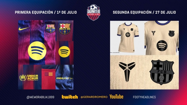 西媒：巴薩將7月初發(fā)布新賽季球衣，其中客場(chǎng)球衣將聯(lián)名科比